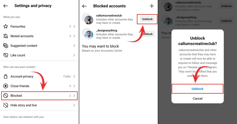 Unblocking people from your own profile next steps