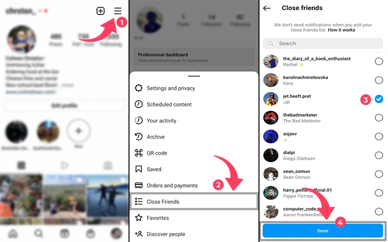 Steps of creating Close Friends custom list on Instagram