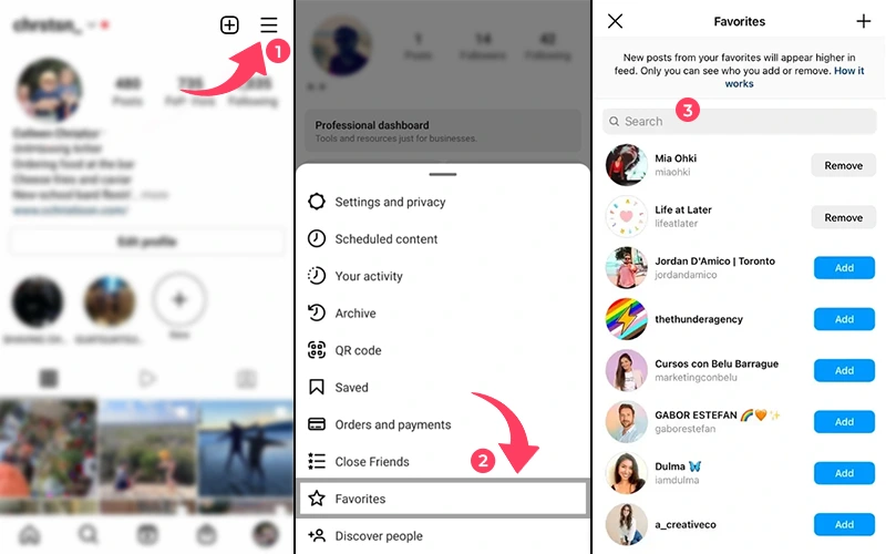 steps to add or remove favorites on Instagram